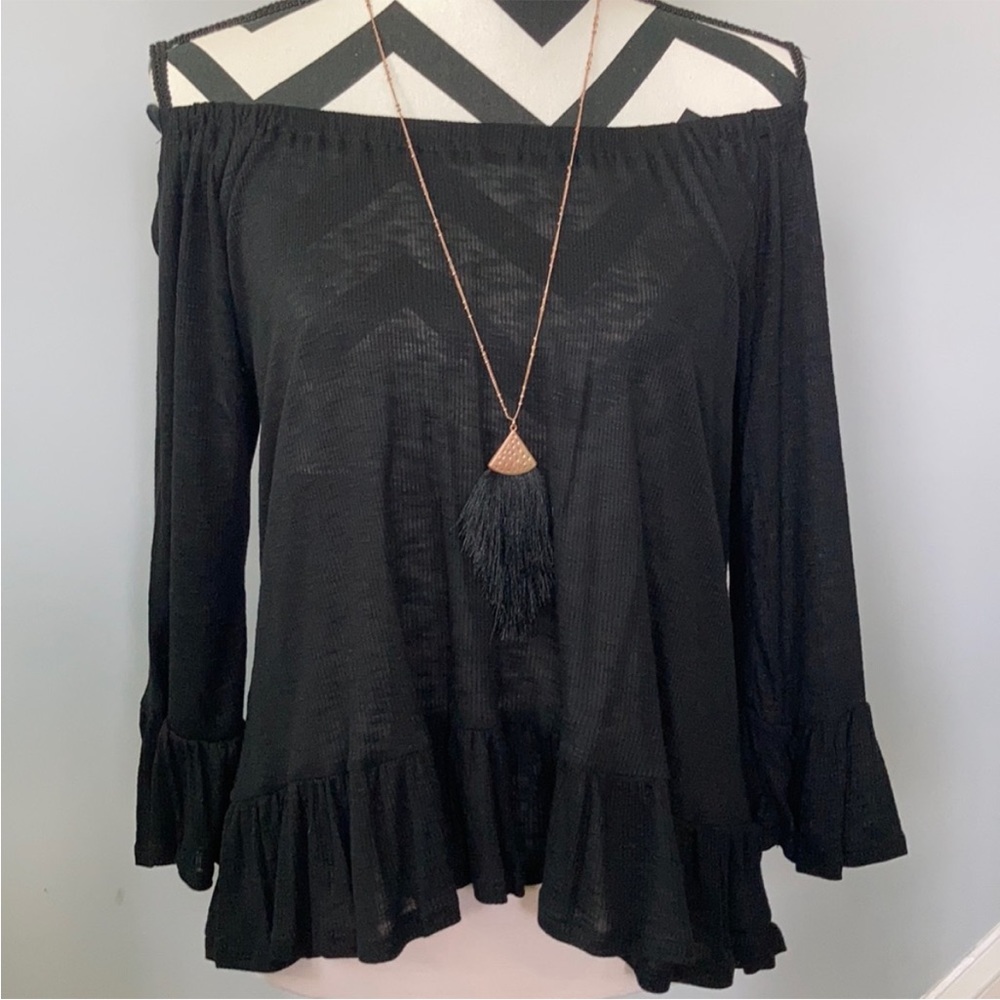 Black Off the Shoulder Ruffle Sleeve Top